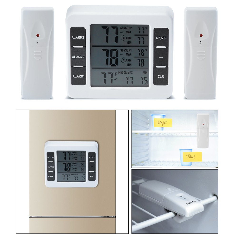 Fridge Thermometer, Digital Refrigerator Freezer Thermometer Monitor with 2 Sensors with Audible Alarm, for Indoor and Outdoor Use, Easy to Read LCD Display