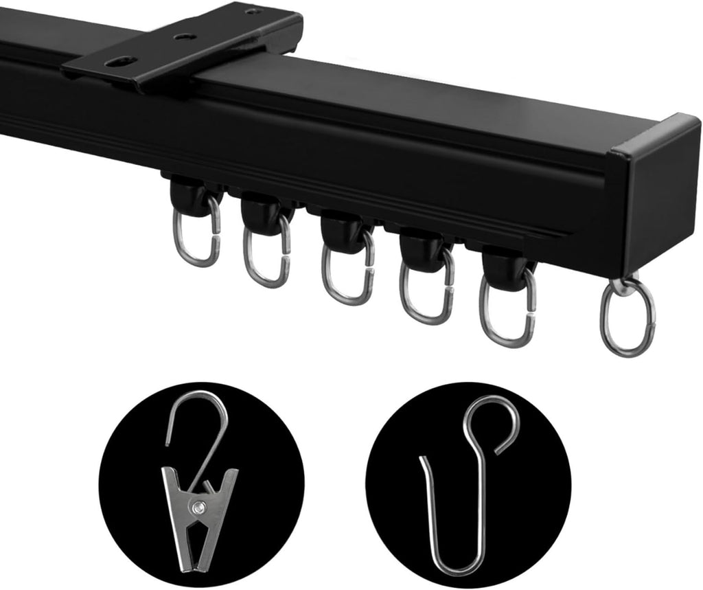 Ceiling Mount Curtains Track Room Divider Privacy Partition Separator Curtain Tracks Rods Heavy Duty RV Shower Outdoor Rail Clip Hook Set, Black 3-18ft