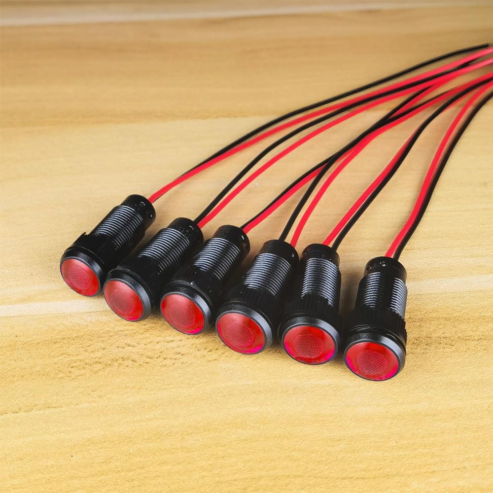 6pcs Red LED Indicator Pilot Light AC/DC 12-24V Mounting Hole Size 10mm(Flame Retardant Plastic Shell)
