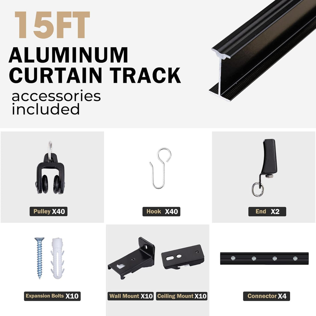 Aluminum Ceiling Curtain Track Set with Hooks Ceiling Mount and Wall Mount Room Divider Sliding Curtain Tracks Rods Flexible Heavy Duty Curtain Rail Hook Sets,Black,15FT