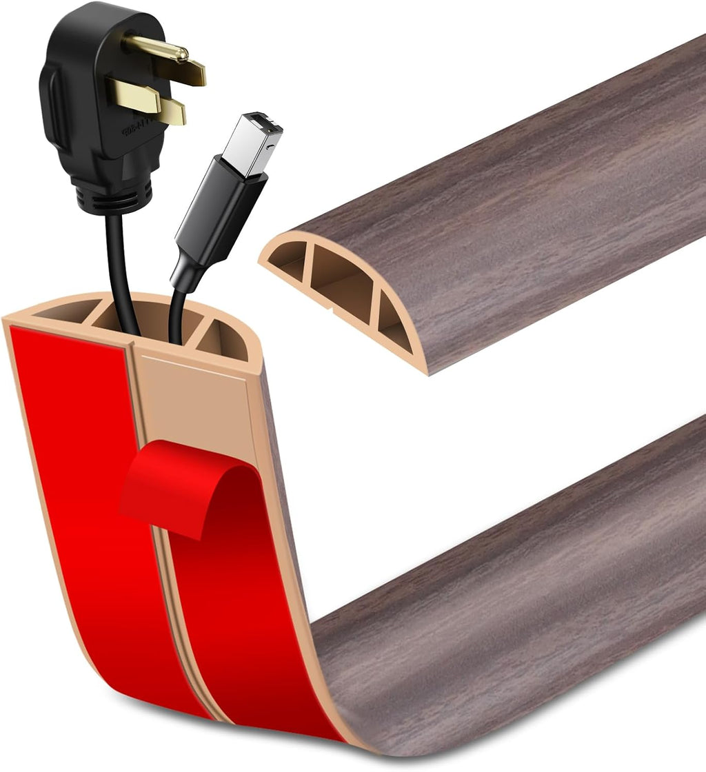 Floor Cord Cover Self Adhesive Cord Hider Floor Extension Cord Covers for Floor Power Cord Protector Cable Management Prevent Cable Trips Cable Cavity 0.59" W x 0.31" H (Brown Walnut Wood, 10Ft)