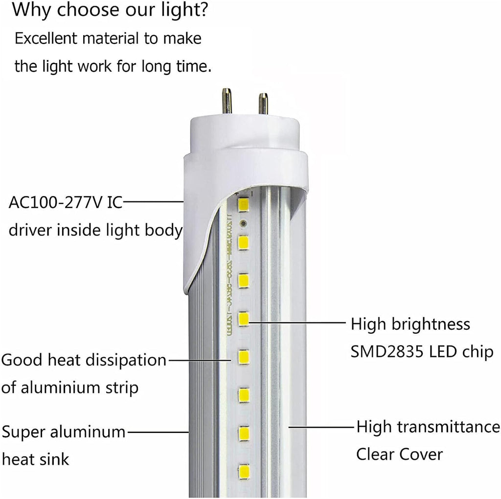 T8 2 Foot LED Tube Lights,20W 2000lm,G13 Bi-pin Base,24 inches End to End,F17T8 F18T8 Fluorescent Tubes Replacement,White 6500K 2ft LED Bulbs,Ballast Bypass,Dual-Powered for Cabinet,Pack of 10