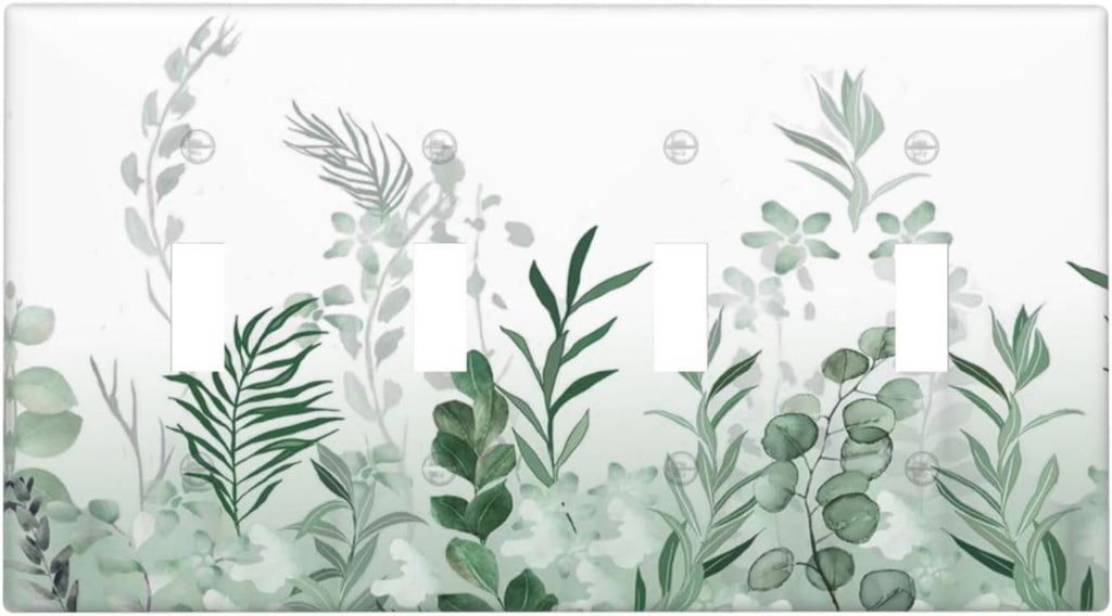 Watercolor Green Leaf Rustic Plant Eucalyptus Flowers Light Switch Covers Quad Toggle Electrical Faceplate 4 Gang Wall Plate Decorative Switch Plates for Bed Room Living Room Decor