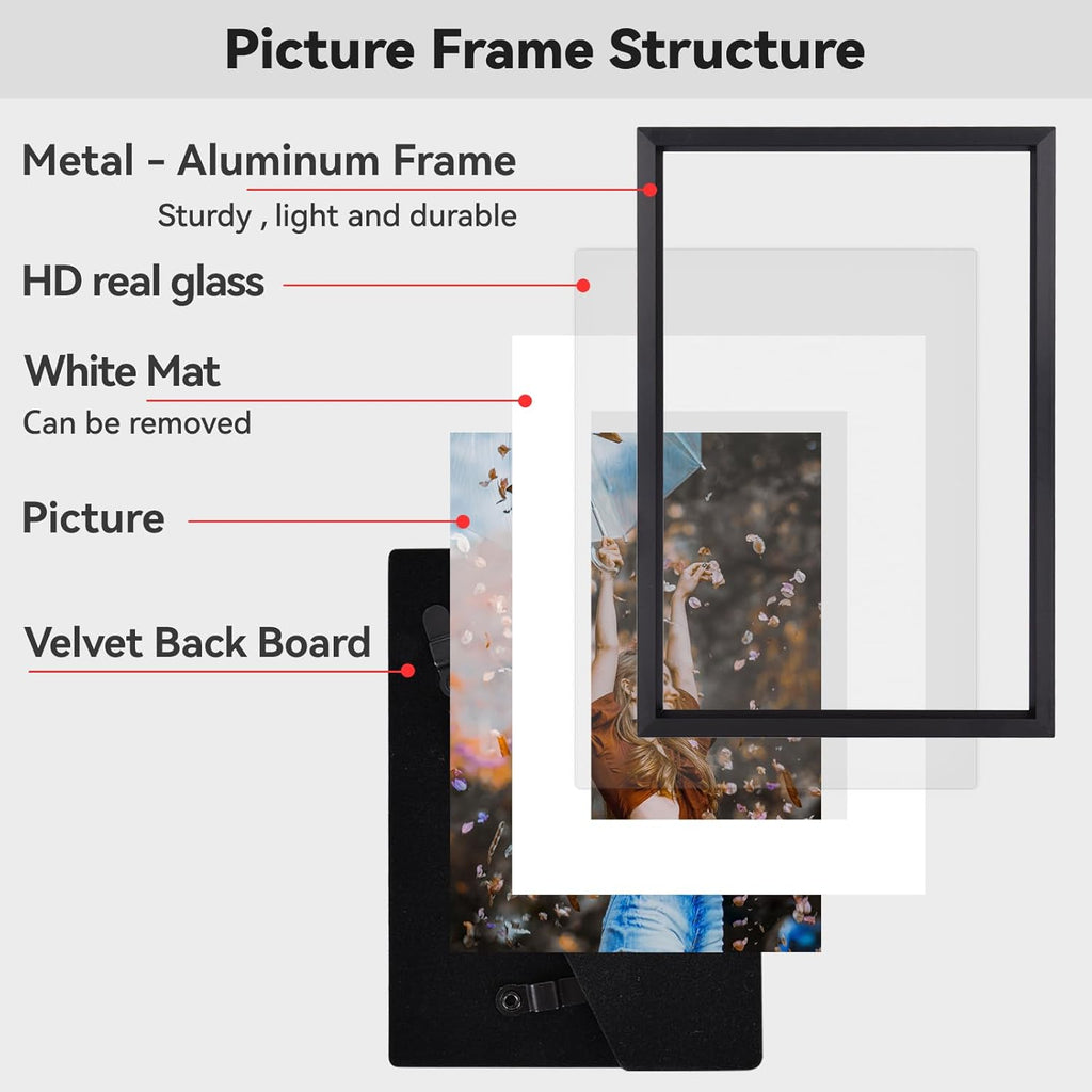 4x5 Picture Frame, Black Aluminum Metal Photo Frames with HD Glass, Fits 3x4 with Mat or 4 x 5 without Mat, Display for Wall and Table