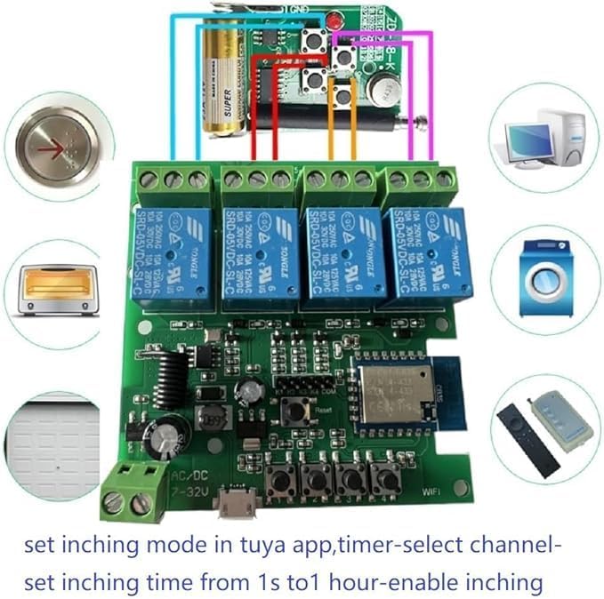 Tuya 4CH Smart Life WiFi Momentary Inching Relay Self-Locking Switch Module,DC/AC 7-32V/USB 5V WiFi RF Bluetooth Relay, Compatible with Alexa Goolge Home