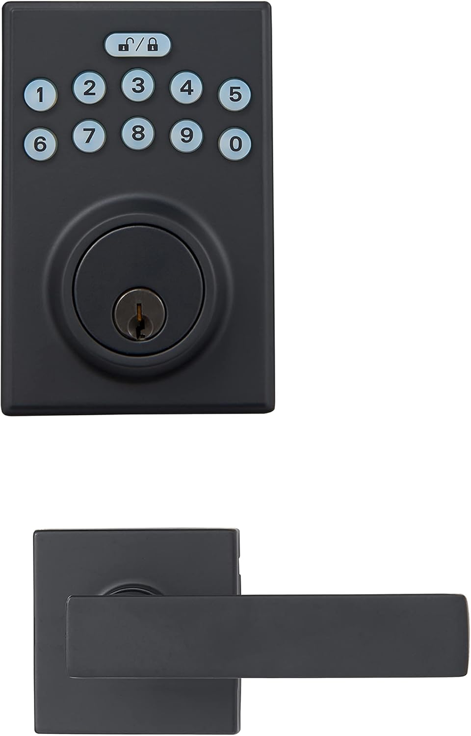 Amazon Basics Contemporary Electronic Keypad, Keyless Entry Door Lock Deadbolt with Handle Set, Key Pad Front Door with Knob, Contemporary Door Locks for Front Door, Door Handle, Matte Black, 1-Pack
