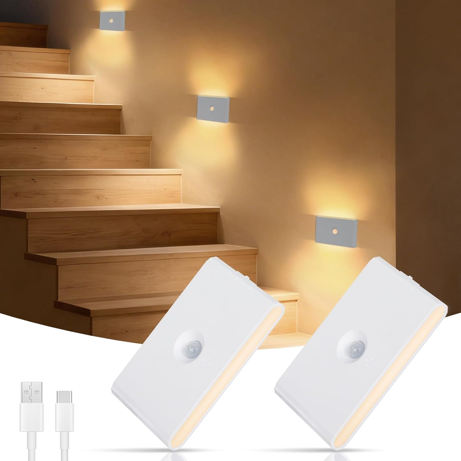 Motion Sensor Night Light, Rechargeable Battery Night Light, 2700K-6500K Magnetic/Stick-on Closet Lights, Dimmable Stair Lights for Bedroom Kitchen Hallway Stairs (2 Pack)