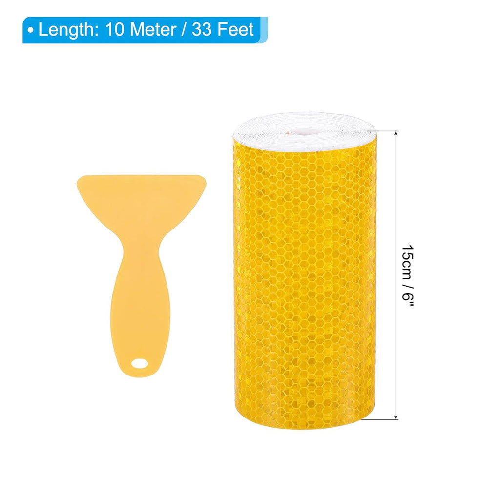 PATIKIL 6 Inch x 33 ft Reflective Tape, 1 Roll Waterproof Self Adhesive High Visibility Caution Warning Safety Tape Reflector with Scraper for Trucks Trailers Cars, Yellow