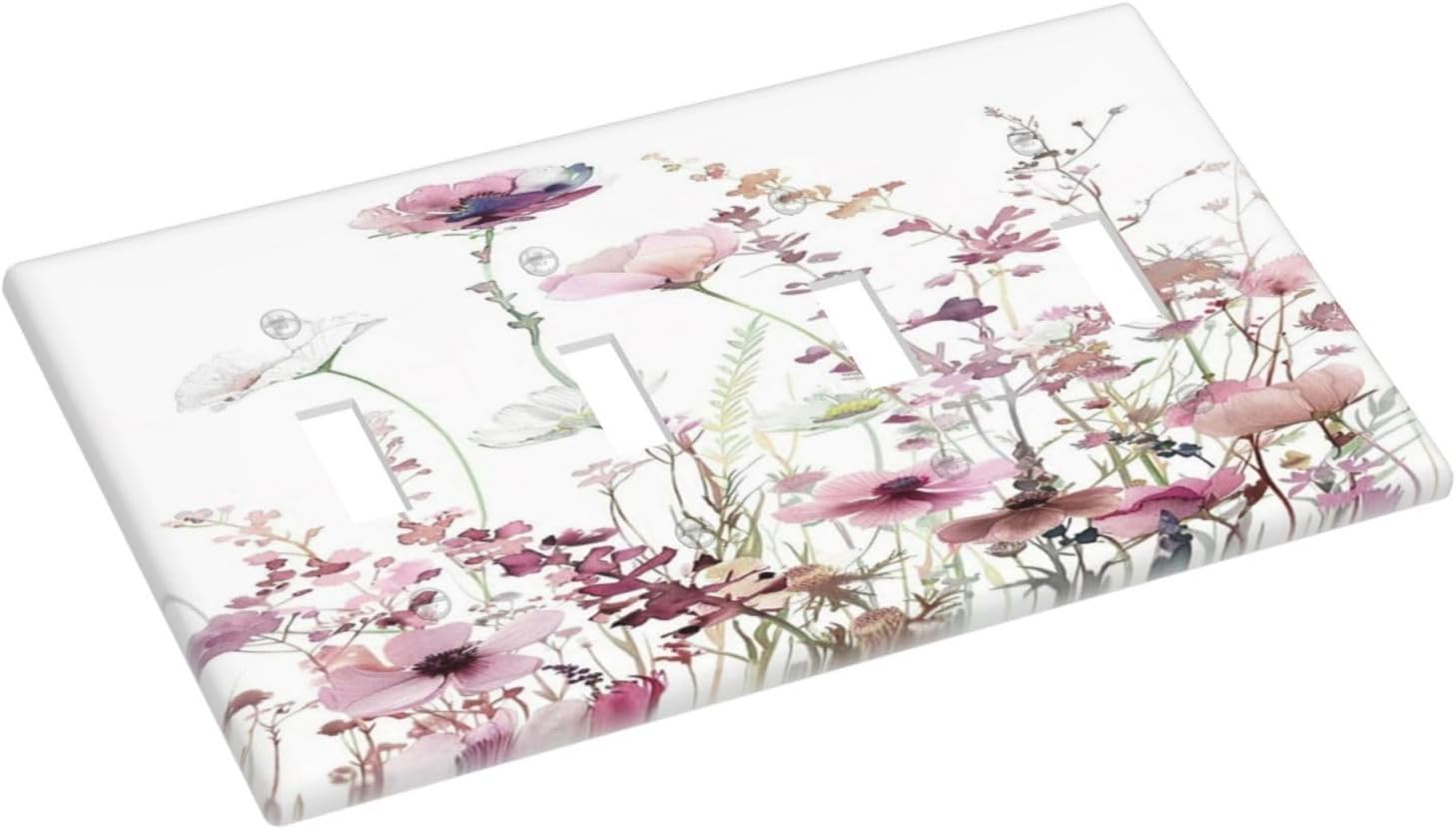 Floral Pink Watercolor Wildflowers Plant Flower Light Switch Covers Quad Toggle Electrical Faceplate 4 Gang Wall Plate Decorative Switch Plates Cover for Bedroom Living Room Decor