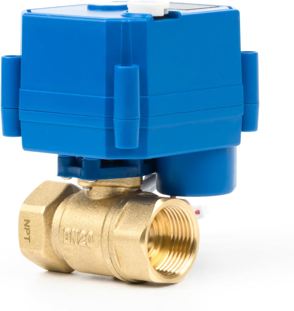 U.S. Solid Motorized Ball Valve with Manual Function - 3/4" Brass, Standard Port, 85-265V AC, 2-wire Automatic Return, Normally Closed