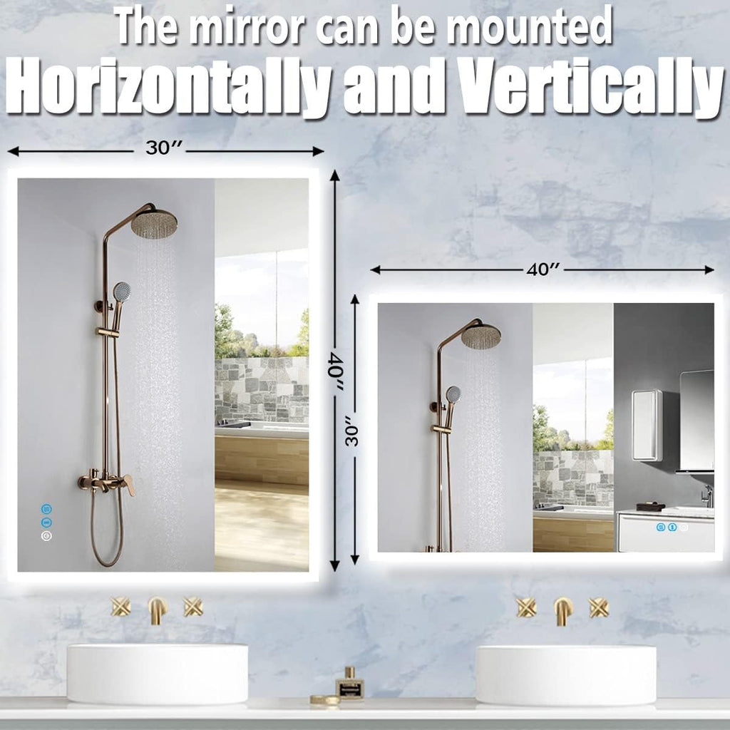 40 x 30 Inch LED Vanity Mirror with Backlits Anti-Fog 3 Color Dimmable Backlit Lighted Mirror for Bathroom Wall Horizontal Vertical Mounted 40" Frameless Smart Light up LED Bathroom Mirrors