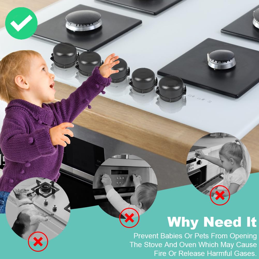 Press Gas Stove Knob Locks,6 Pack Stove Knob Safety Covers and 2 Pack Cabinet Door Child Lock with Strong Double-Sided Tape,Heat-Resistant Gas Stove Knob Protectors for Child Safety/Pet Safety