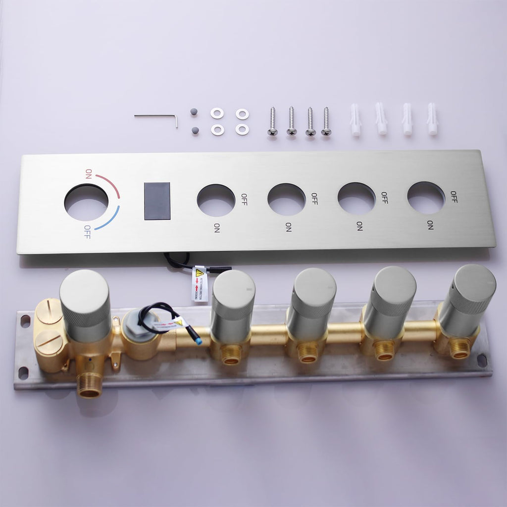 4 Way Shower Diverter Valve 4 Outlets Multi Function Brass Temperature Digital Display Shower Mixer Valve Can Run Simultaneously and Flow Control Brushed Nickel