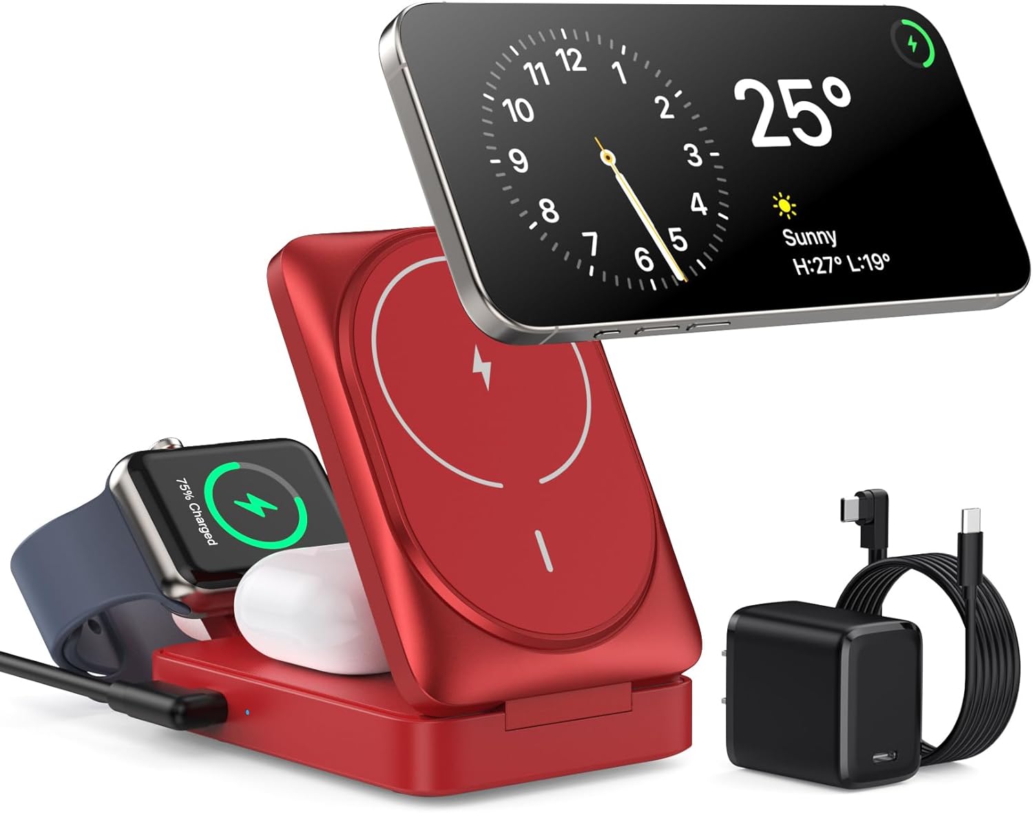 3-in-1 Wireless Charger Charging Station for iPhone, 15W Fast Charging Foldable Magnetic Charger Stand with 30W USB C Adapter for MagSafe iPhone 16/15/14/13/12, Apple Watch, AirPods