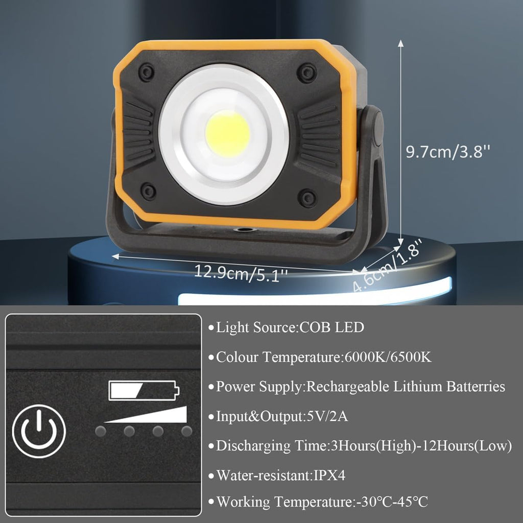 Sunzone Rechargeable LED Work Light,Portable Flood Light with Magnetic Base,Super Bright Waterproof Job Site Lighting for Camping,Hiking,Car Inspection with Emergency Mode(2 Pack)