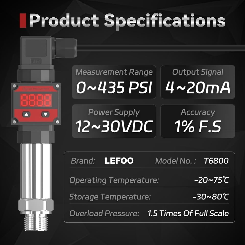 LEFOO Digital Pressure Transmitter 4-20mA Pressure Sensor Transducer with LCD Digital Display (Power Supply: 12-30VDC, Pressure Range: 0-435PSI)