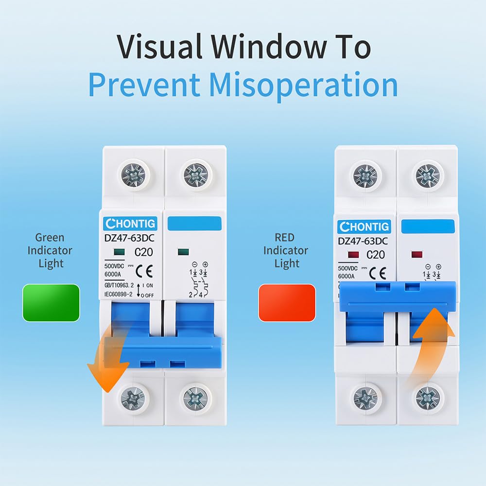 20 Amp Miniature DC Circuit Breaker 500V 2 Pole, Solar PV Disconnect Switch with Thermal Magnetic Trip, DIN Rail Mount Isolator C20