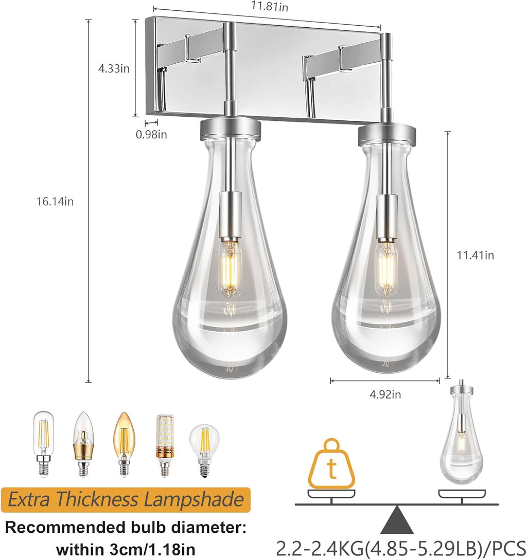 Raindrop Wall Sconces Chrome Crystal Sconces Wall Decor Modern Lighting Glass Bathroom Sconces Indoor Vanity Light Wall Lamp for Bedroom Living Room Stair(2-Light)