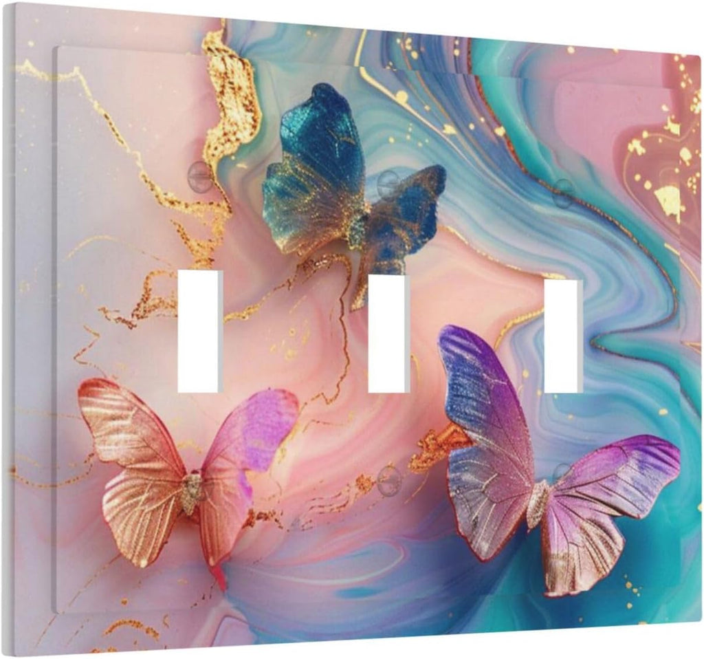Colorful Marble Butterfly Gold Glitter Abstract Print Decorative Switch Plates 3 Gang Wall Plate Triple Toggle Light Switch Cover Faceplate Electrical Wall Panels for Bed Room Living Room Decor