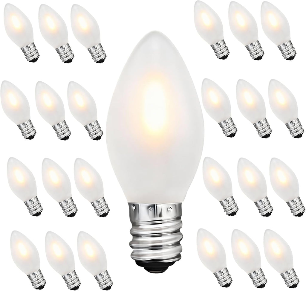 C7 LED Frosted Christmas Light Bulb,25 Pack 0.6W C7 LED Replacement Lights Bulbs with E12 Base,Frosted White 2700K Shatterproof Vintage Bulbs for Chandeliers Candle Christmas String Lights