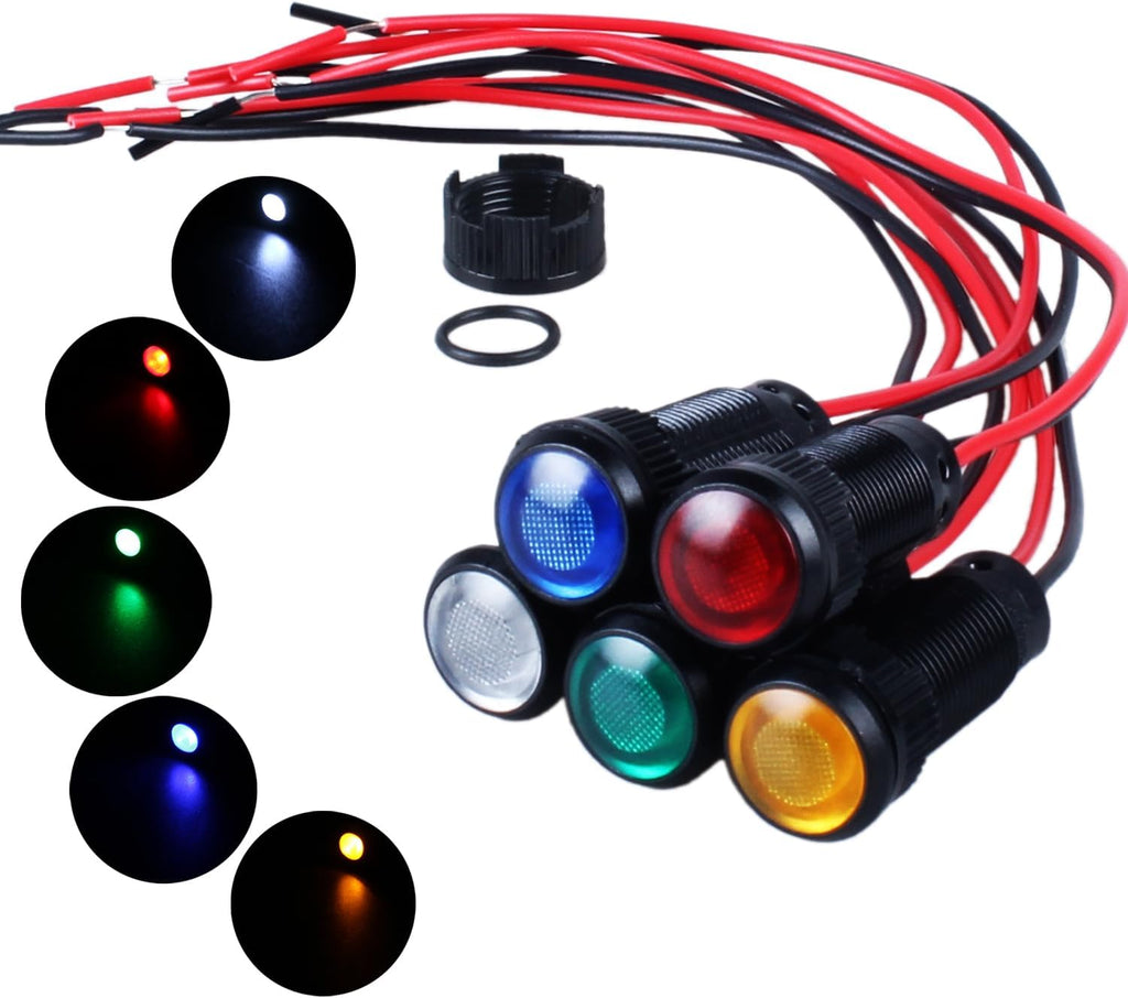 5pcs 10mm LED Indicator Light Plastic Black Signal Dot Lamp 110-220VAC 2/5" Mounting Hole Size with 15cm/5.9in. Wire (Mix:Red White Yellow Blue Green)
