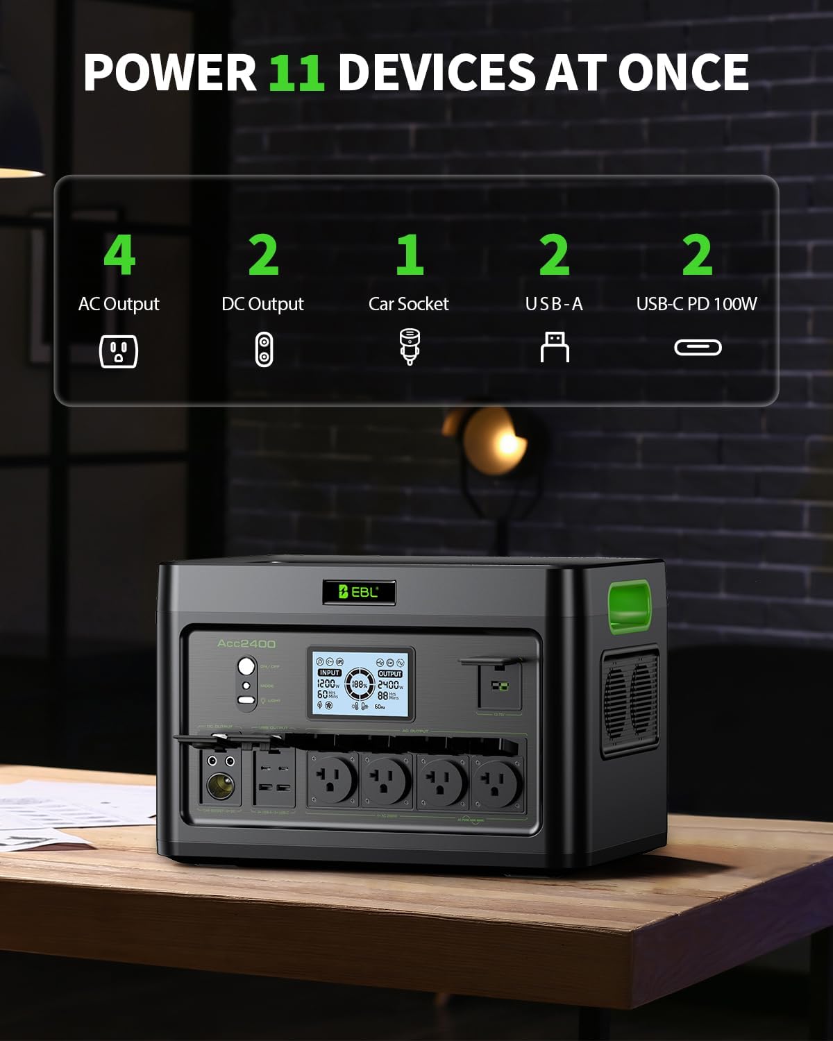 2400W Portable Power Station EBL, 1843Wh LiFePO4 Solar Generator with 4 AC Outlets, Fast AC Charging, 100W USB-C PD Output, 11 Ports for Home Backup, RV Camping & Emergency Power Outages (Peak 4800W)