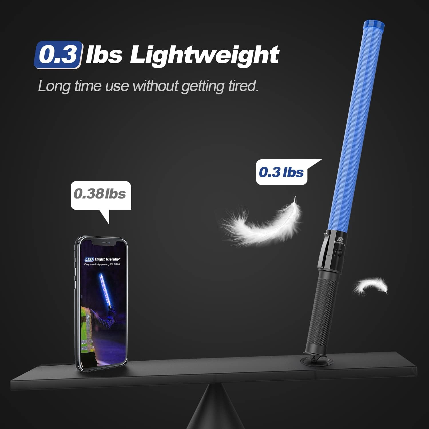 RoadHero 21 Inch Traffic Wands, Blue LED Traffic Control Baton with 2 Flashing Modes, Night Safety Light Wand with Side Clip for Parking Lot
