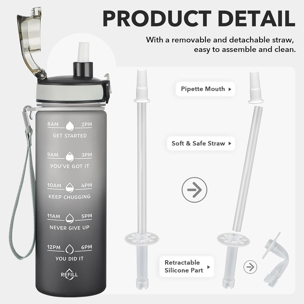 Enerbone Water Bottle, Leakproof BPA & Toxic Free, Motivational Water Bottle with Times to Drink and Straw, Fitness Sports Water Bottle with Strap for Office, Gym, Outdoor Sports