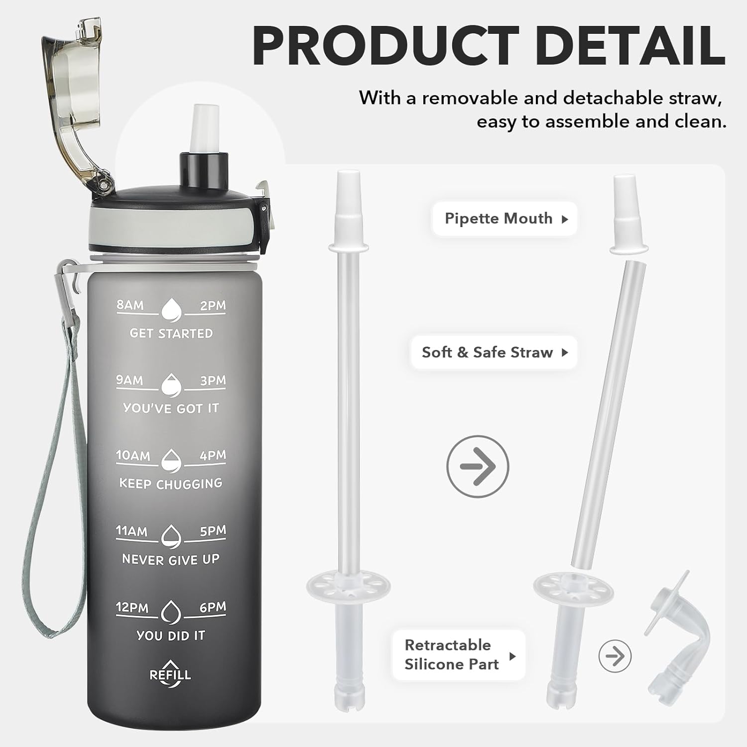 Enerbone Water Bottle, Leakproof BPA & Toxic Free, Motivational Water Bottle with Times to Drink and Straw, Fitness Sports Water Bottle with Strap for Office, Gym, Outdoor Sports