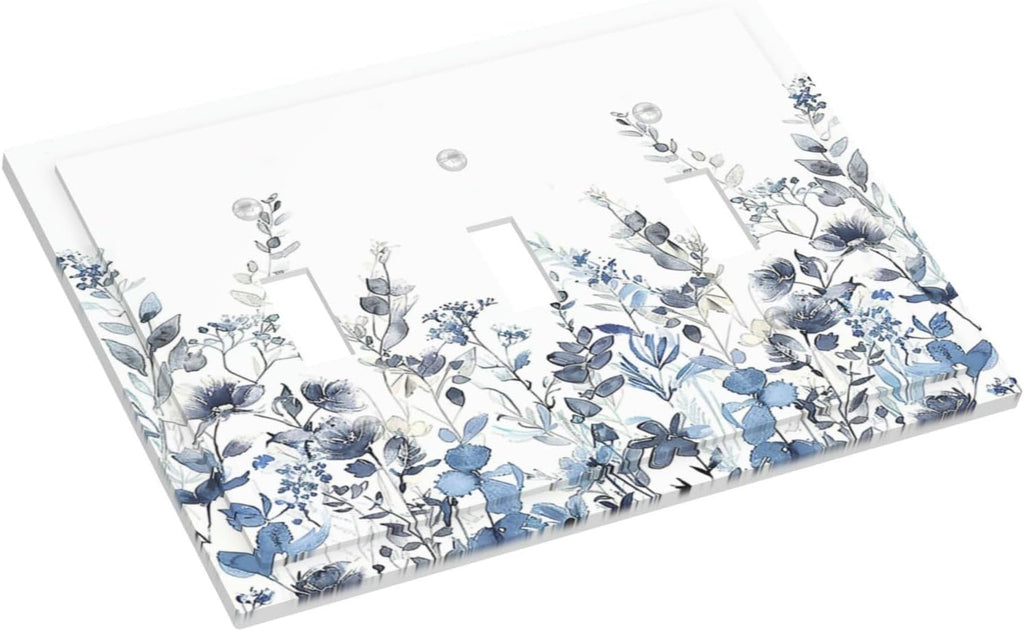 Decorative Switch Plates Light Blue Watercolor Leaves Plant With Floral 3 Gang Wall Plate Triple Toggle Light Switch Cover Faceplate Electrical Wall Panels for Bedroom Bathroom Decor