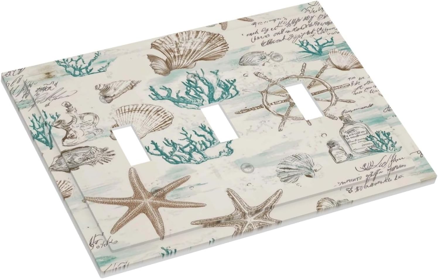 Mid Century Seashells Starfish Compass Decorative Switch Plates 3 Gang Wall Plate Triple Toggle Light Switch Cover Faceplate Electrical Wall Panels For Nursery Kids Room Decor