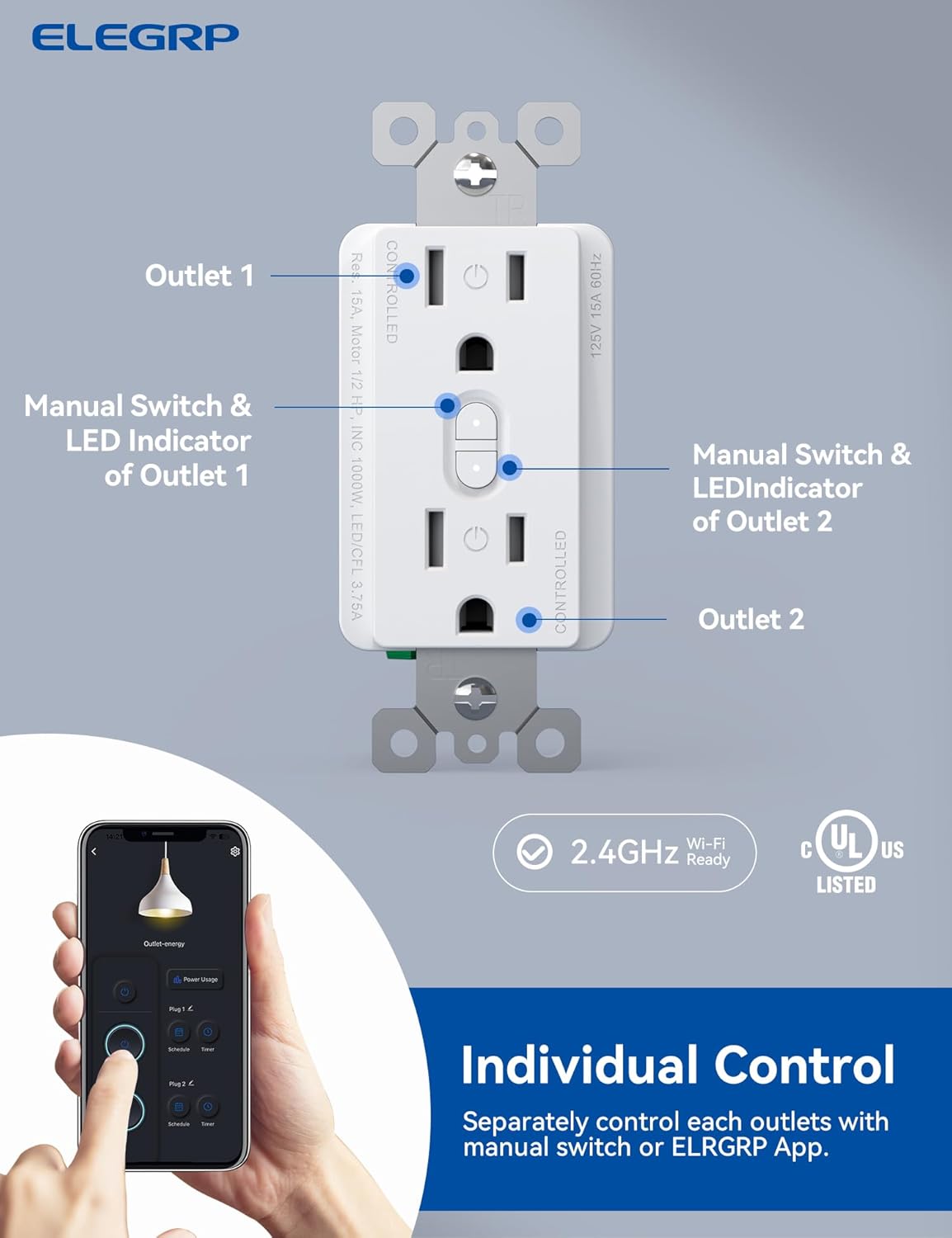 ELEGRP Smart Plug, Smart in-Wall Outlet Compatible with Alexa and Google Assistant, 2.4GHz Wi-Fi Smart Receptacle with Energy Monitoring, No Hub Required, UL Listed, White, 6 Pack