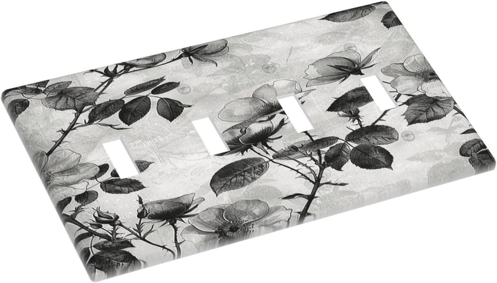 Light Switch Covers Black Breezy Watercolor Garden Floral Quad Toggle Electrical Faceplate 4 Gang Wall Plate Decorative Switch Plates for Bedroom Home Decor