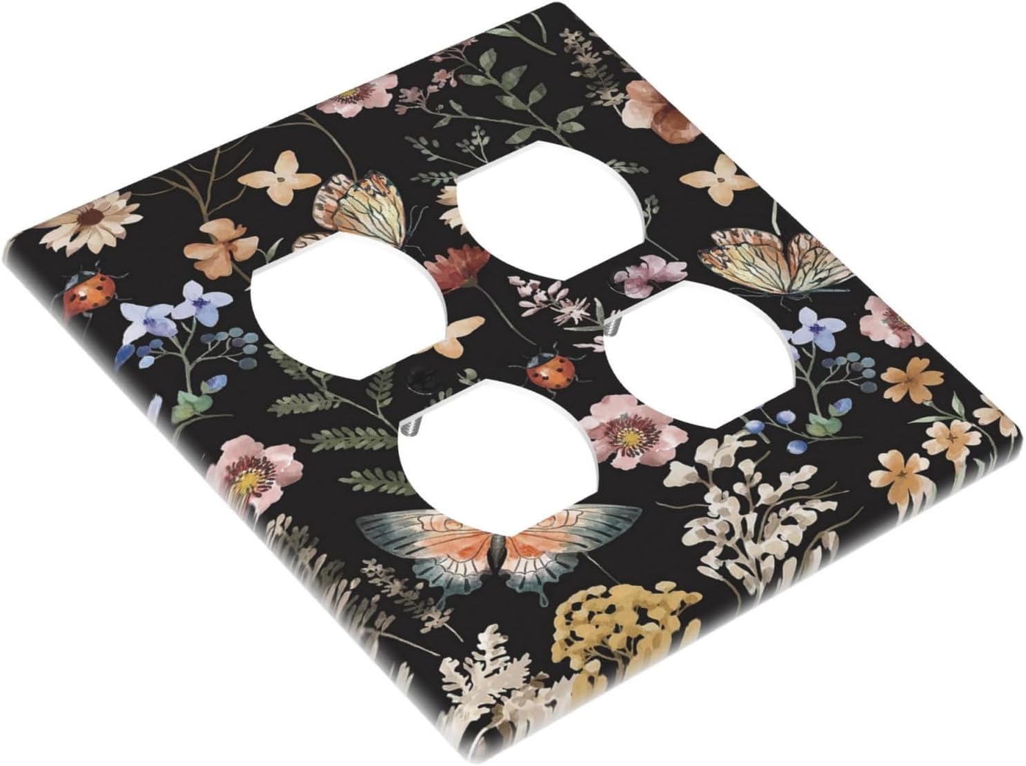 Decorative Outlet Covers Rustic Black Butterfly Flowers Leaves 2 Gang Wall Plate Cover Double Duplex Receptacle Two Switch Light Switch Cover Plate Jumbo Dual Faceplate for Home Decor