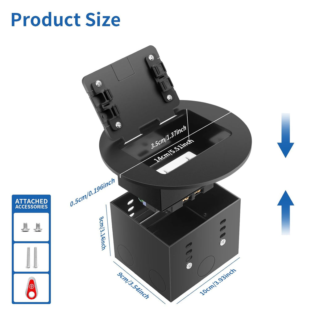 Vagueior Recessed Floor Electrical Outlet Kit, Circular Hidden Duplex 20A Tamper-Resistant Receptacle Outlet ，Waterproof Electrical Outlet Covcer Box,UL Certified,Black（1 Pack