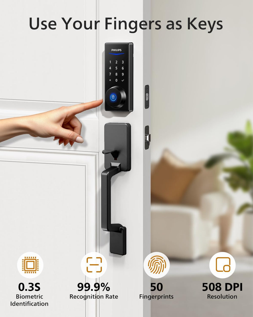 Philips Keyless Entry Keypad Door Lock with Handle, Front Door Deadbolt Set with WiFi Gateway, Wi-Fi Smart Lock with Handle, Fingerprint Unlock, PIN Code, Frosted Black