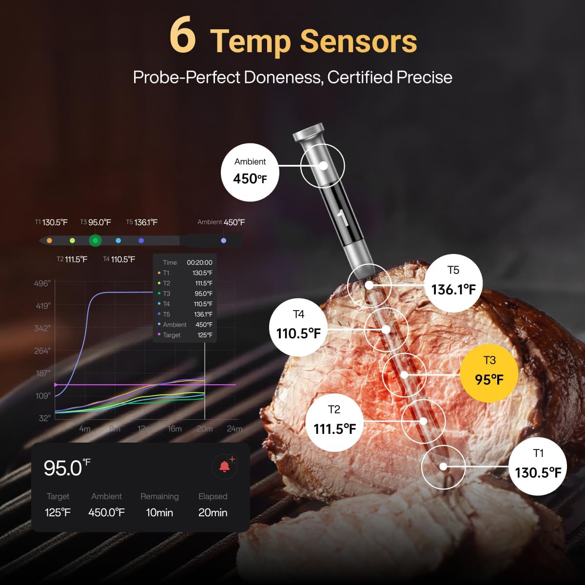 Typhur Sync One Gen 2 Smart Wireless Meat Thermometer with 6 Probes : Standalone Base with LCD Display, Unlimited WiFi & Bluetooth Range, ±0.5℉ Accuracy, Enhanced Signal Stability for BBQ, Grill, Oven