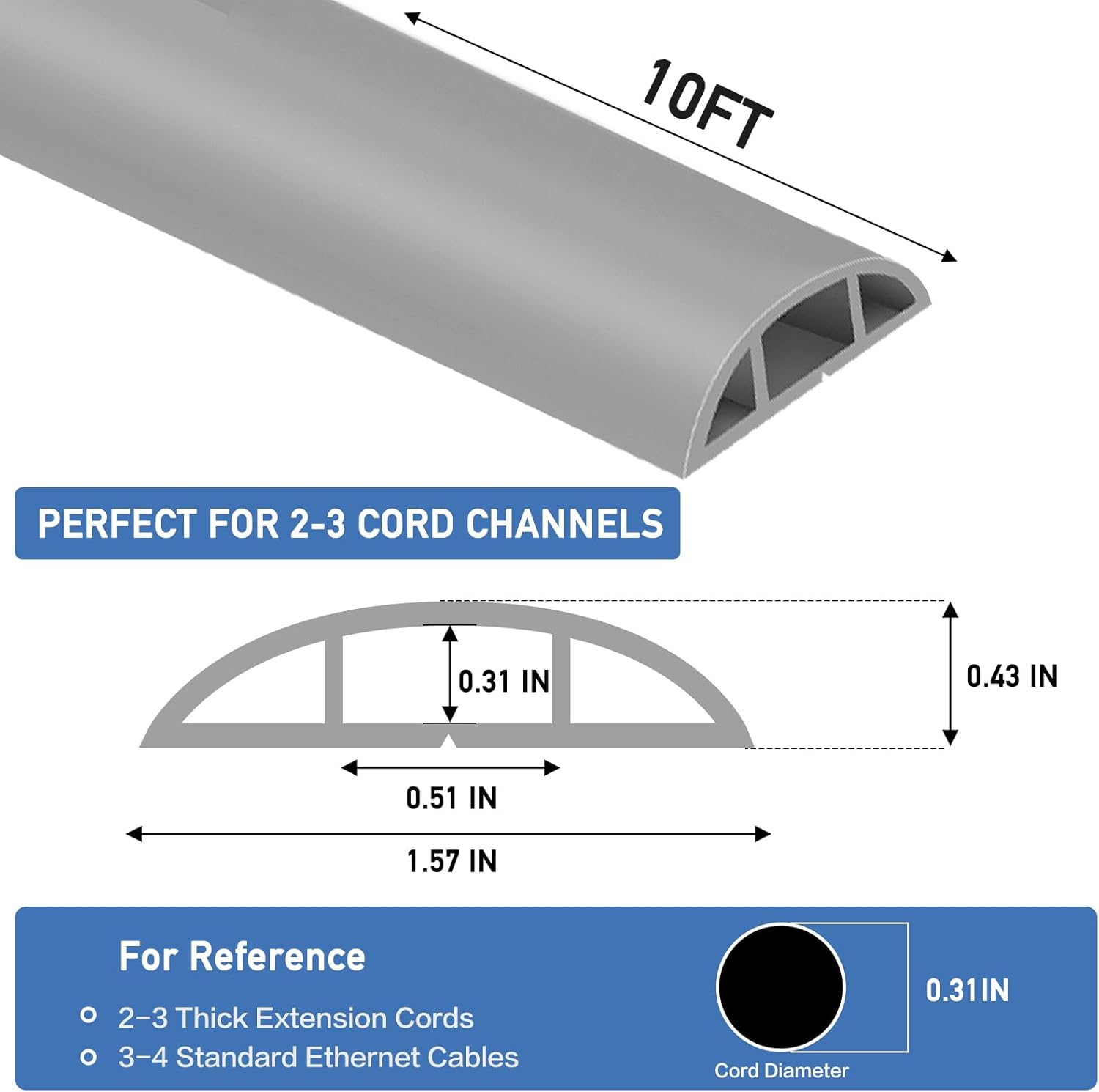 Floor Cord Cover Self Adhesive Cord Hider Floor Extension Cord Covers for Floor Power Cord Protector Cable Management Prevent Cable Trips Cable Cavity 0.51" W x 0.31" H (Grey, 10Ft)