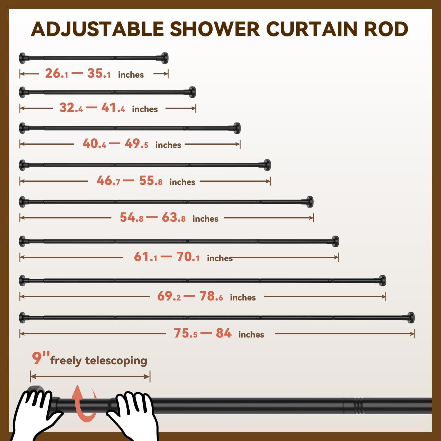 YASONIC Shower Curtain Rod 26-84 Inch, 1 Inch Diameter Tension Curtain Rods No Drilling, Black Shower Rods for Bathroom, Spring Loaded Curtain Rods Adjustable, Anti-Rust Non-Slip Easy Installation