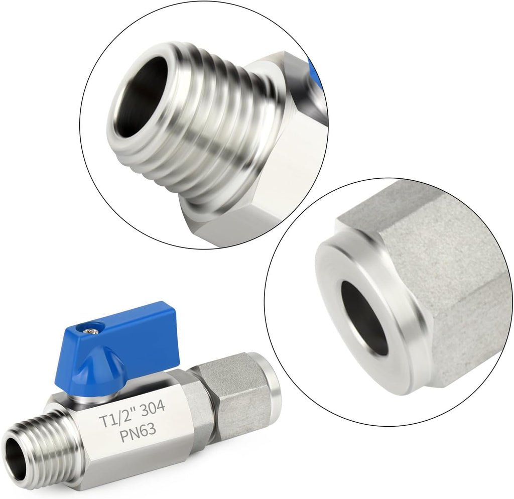 TAISHER 2PCS 304 Stainless Steel Compression Mini Ball Valve Shut Off Switch, 1/2" Tube OD x 1/2" NPT Male