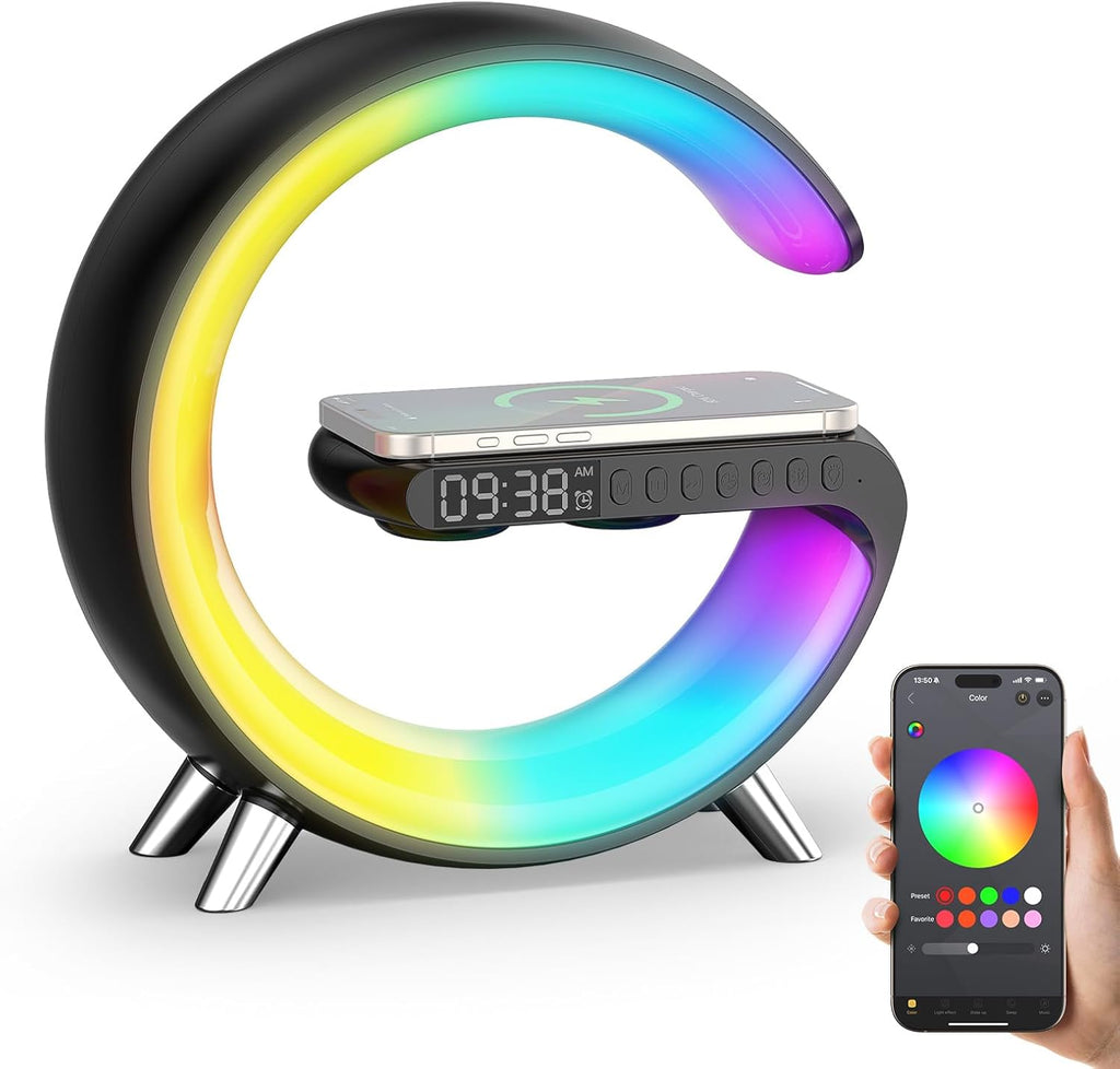 Smiling Shark Wake Up Light, Wireless Charger Atmosphere Desk Light with Bluetooth Speaker White Noise App Control Dimmable Sunrise & Sunset Simulation Dual Alarm Clock Smart Light for Home Decor