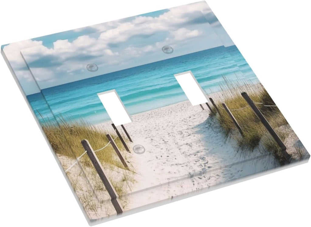 Decorative Light Switch Cover Plate Coastal Beach Ocean Seaside View 2 Gang Outlet Covers Double Toggle Wall Plates for Electrical Outlets Switch Plate Covers Faceplate for Bedroom Home Decor