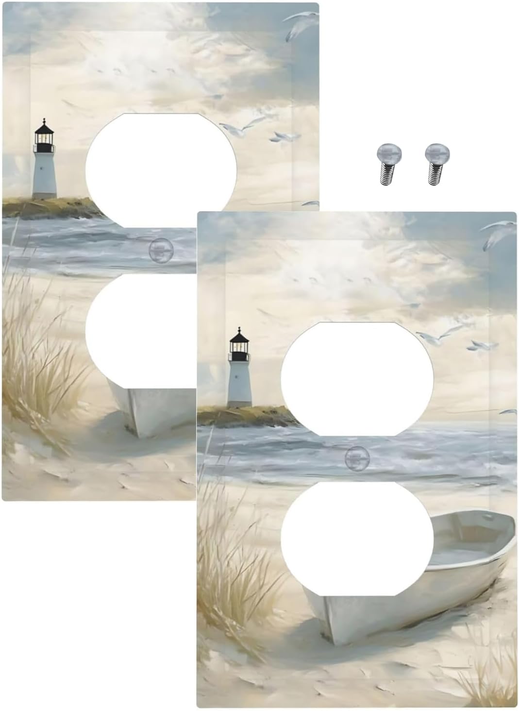 Decorative Outlet Covers Seascape Painting with Lighthouse Boats 1 Gang Duplex Light Switch Cover Plate Unique Wall Plates Switch Plate Cover for Bedroom Home Decor（2 Pack）
