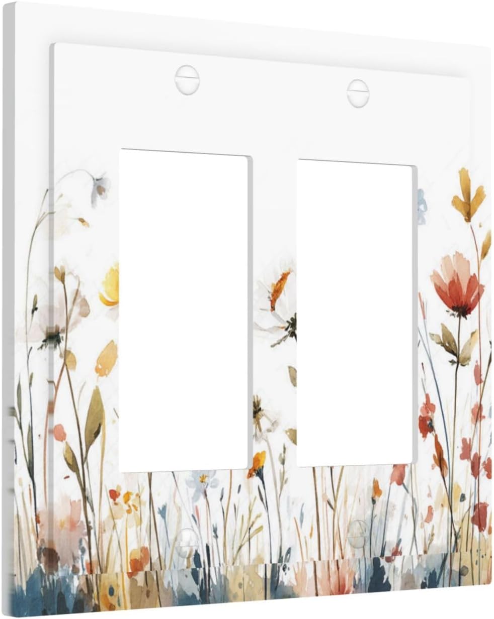 Watercolor Wildflower Colorful Floral Plant Decorative Outlet Covers 2 Gang Double GFCI Rocker Electrical Wall Panels Light Switch Cover Plate for Bed Room Living Room Decor