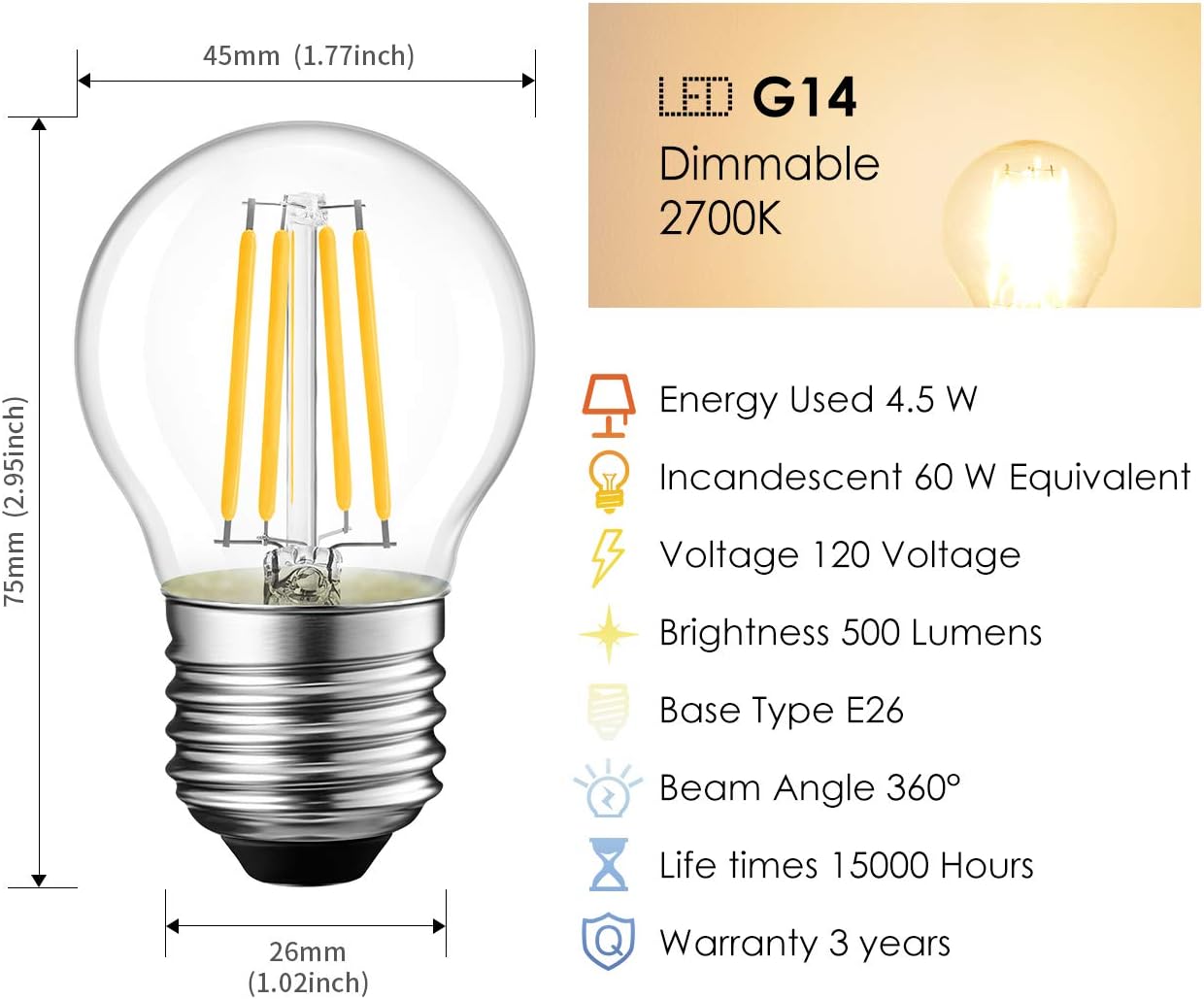 LVWIT G14 LED Filament Globe Bulb 4.5W(60W Equivalent), Dimmable 2700K Warm White Light E26 Screw Base, Decorative Edison Light Bulb, UL-Listed(6-Pack)