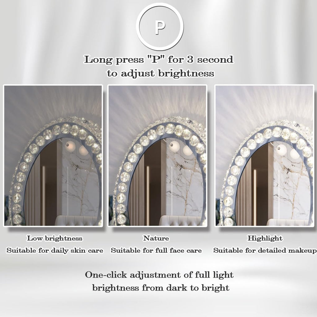 Hollywood Oval Crystal Vanity Mirror with Lights 3 Color Dimmable Large Oval Crystal Lighted Makeup Mirror for Tabletop Desk Vanity Mirror with Lights 360°Rotation Smart Crystal Oval LED Makeup Mirror
