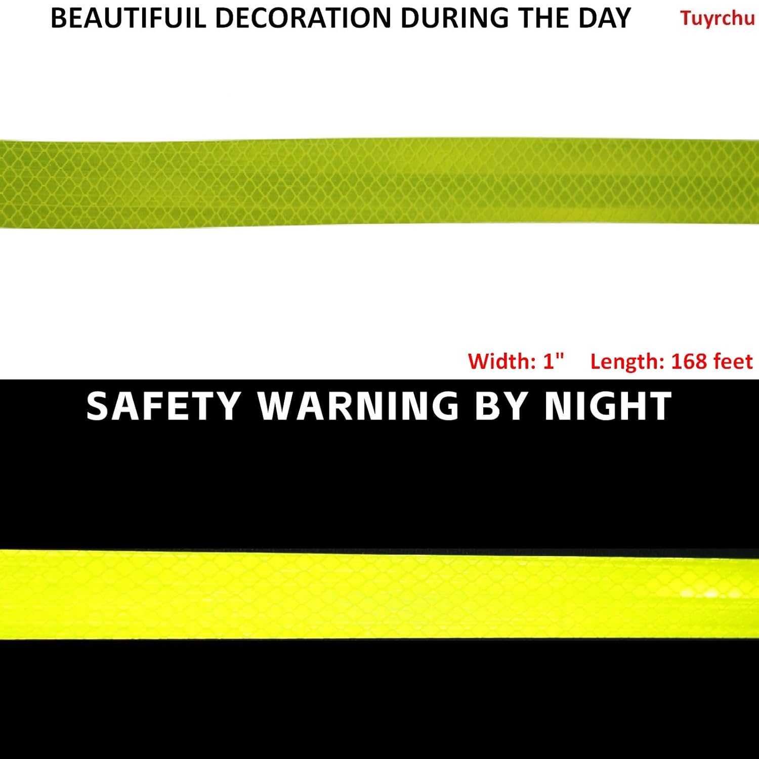 Non Fading Fluorescent Yellow Reflective Tape Outdoor Waterproof 1 inch Wide, High Visibility Warning Safety Industrial Marking Tape (168 feet)