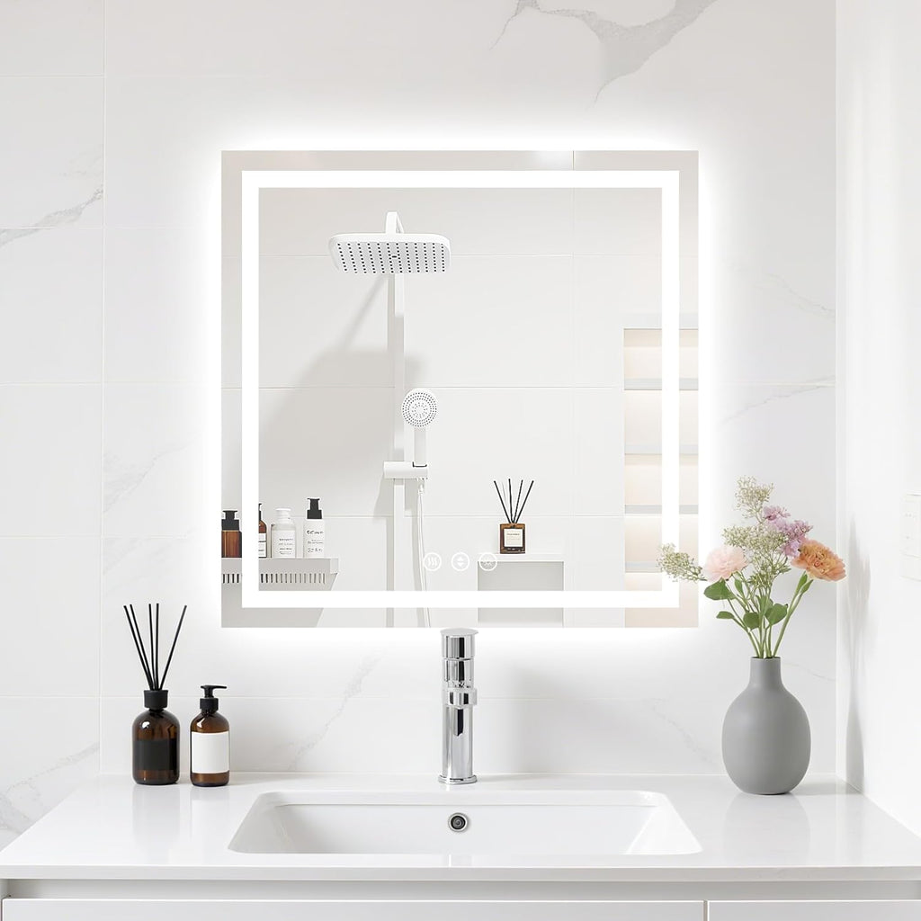 24X24 LED Bathroom Mirror with Lights, Anti-Fog, Backlit + Front Lit (CRI>90), Lighted Bathroom Vanity Mirror for Wall, Memory Function, Dimmable, Tempered Glass, Shatter-Proof