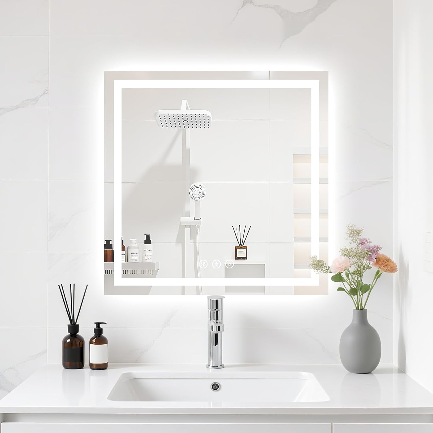 24X24 LED Bathroom Mirror with Lights, Anti-Fog, Backlit + Front Lit (CRI>90), Lighted Bathroom Vanity Mirror for Wall, Memory Function, Dimmable, Tempered Glass, Shatter-Proof