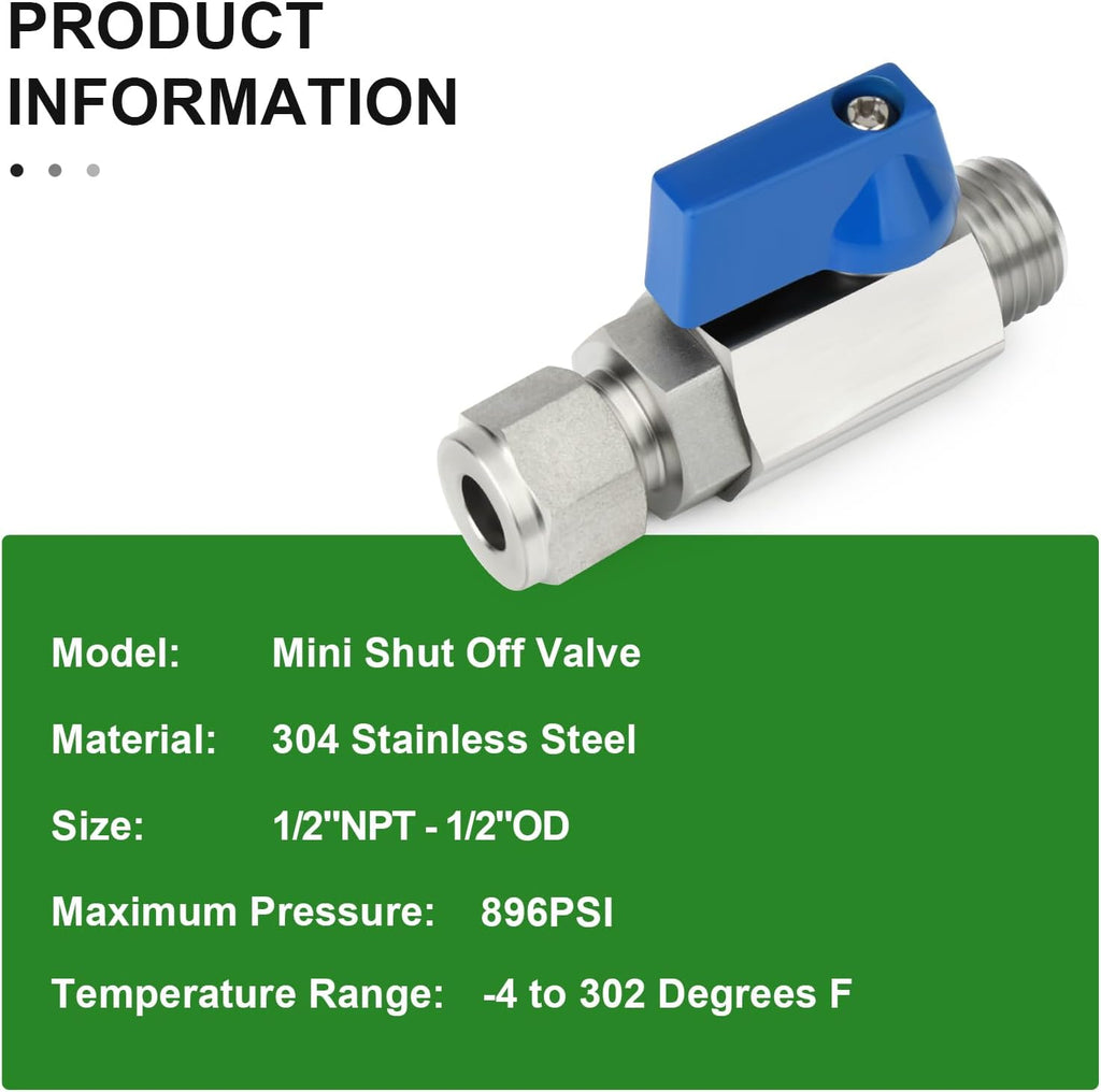 TAISHER 2PCS 304 Stainless Steel Compression Mini Ball Valve Shut Off Switch, 1/2" Tube OD x 1/2" NPT Male